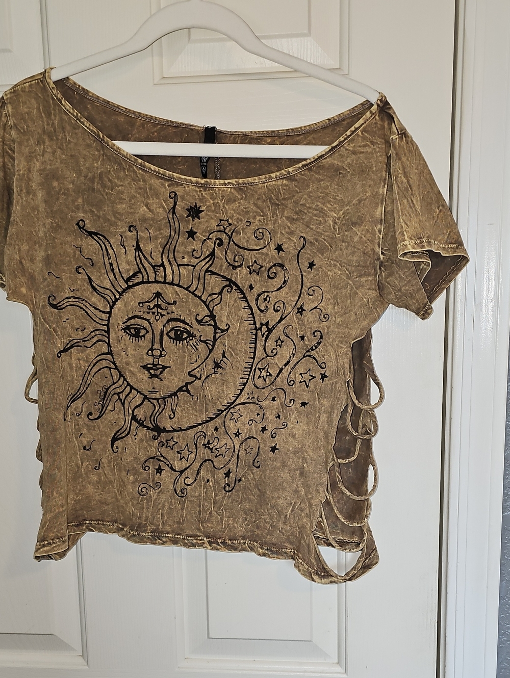Love Culture Washed Brown Sun & Moon Cutout Crop Top